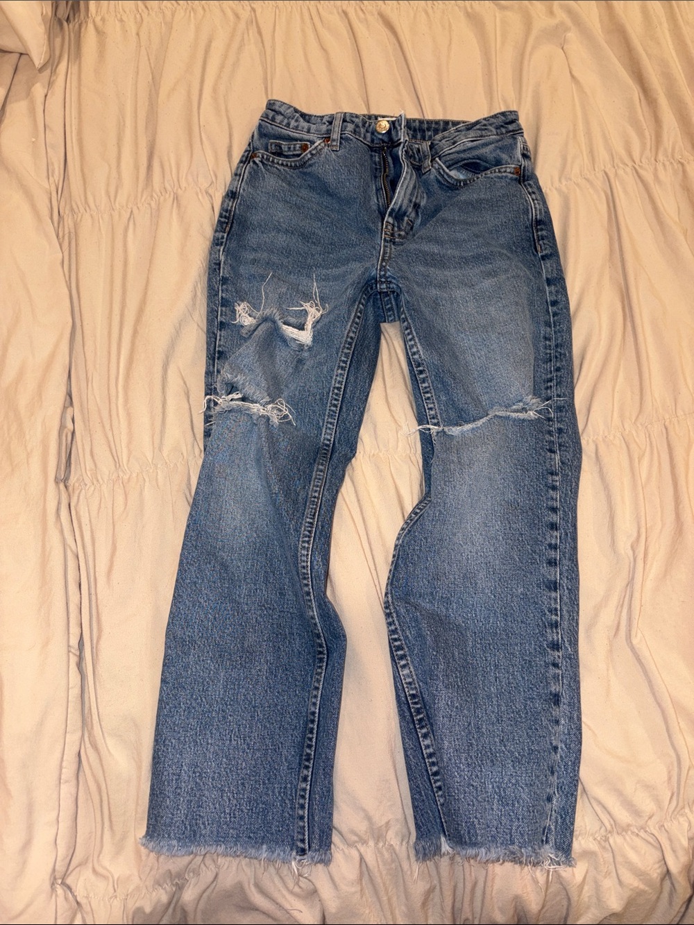 Topshop Distressed Straight Leg Blue Jeans
